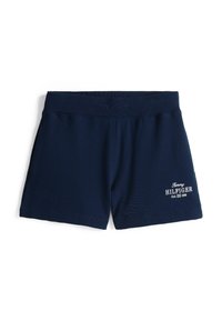 Marineblauwe katoenen shorts met een elastische tailleband, voorzien van een wit geborduurd logo op de rechteronderzijde en zijzakken.