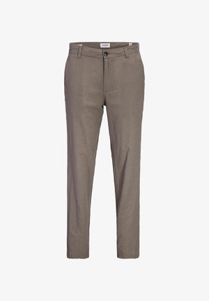 Heren slim-fit bruine katoenen broek met riemlussen, knoopsluiting en zijzakken, maat XS.