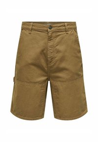 Khaki cargo shorts med vævet tekstur, der har to store frontlommer og en frontknaplukning. Mellemlang design med syede sømme.