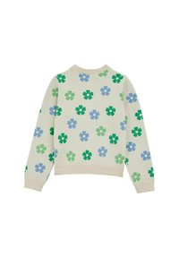 Stickad tröja i krämfärg med ljusblå, grön och mörkgrön blommönster. Ribbad halsringning och muddar. Klassisk pull-over design.