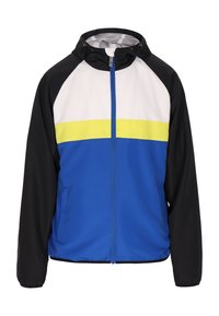 Blå, sort og hvid jakke med hætte, med en gul vandret stripe over brystet, lynlås lukning og elastiske manchetter.