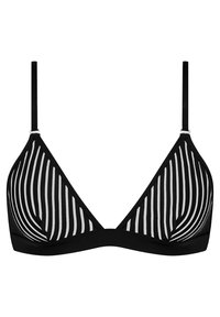 Soutien-gorge triangle à rayures noires et blanches avec des bretelles réglables et un bandeau noir uni. Tissu léger et lisse avec un design minimaliste.