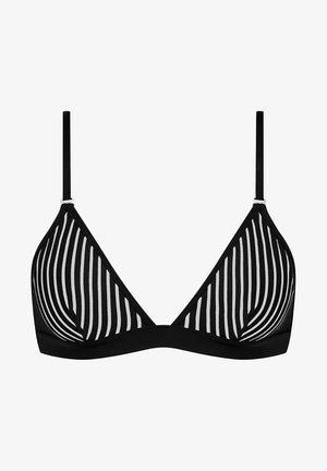 Schwarzer und weiß gestreifter Triangel-BH mit verstellbaren Trägern und einem einfarbigen schwarzen Band. Leichter, glatter Stoff mit minimalistischer Gestaltung.