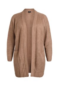 Cardigan a maglia di colore marrone chiaro con apertura frontale, maniche lunghe, texture a coste e due tasche frontali. Colore neutro e design casual.