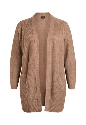 Adīta džempera jaka gaiši brūnā krāsā ar atvērtu priekšpusi, garām piedurknēm, ribots tekstūru un divām priekšējām kabatām. Neitrāla krāsa un neformāls dizains.