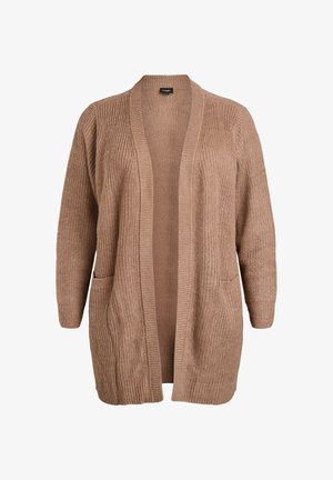 Pletena jakna u svijetlosmeđoj boji s otvorenim prednjim dijelom, dugim rukavima, rebrastom teksturom i dvije prednje džepove. Neutralna boja i ležeran dizajn.