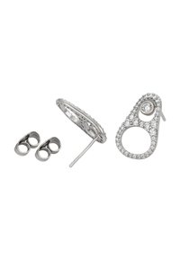 Sølvørringe med et cirkulært design, prydet med klare ædelstene og en poleret overflade. Inkluderer to små cirkulære studs.