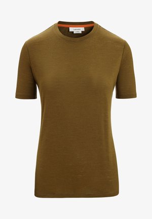 Oliwkowa, krótkim rękawem koszulka z miękkiego, gładkiego materiału z okrągłym dekoltem i kontrastującym pomarańczowym akcentem wewnątrz dekoltu.