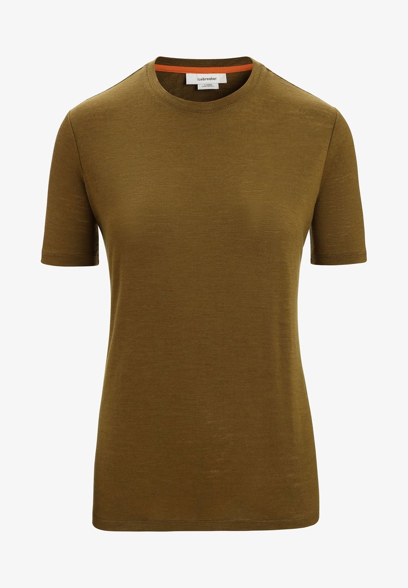 Oliwkowa, krótkim rękawem koszulka z miękkiego, gładkiego materiału z okrągłym dekoltem i kontrastującym pomarańczowym akcentem wewnątrz dekoltu.