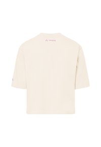 T-shirt beige à manches courtes avec le logo rose "VAUDE" centré près de l'encolure dans le dos et un petit logo sur la manche gauche.