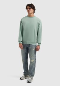Man met krullend haar in een lichtgroene sweatshirt, versleten blauwe spijkerbroek en zilveren sneakers, staand tegen een effen achtergrond.