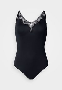 Μαύρο κορμάκι με ρυθμιζόμενους ιμάντες, με ντεκολτέ σε σχήμα V διακοσμημένο με λεπτή μαύρη δαντέλα κατά μήκος των άκρων. Λείο, εφαρμοστό ύφασμα.