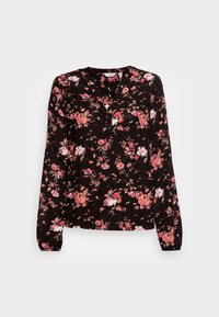 Blusa nera a maniche lunghe con motivo floreale in rosa, bianco e arancione. Presenta un collo a V e dettagli con bottoni sul davanti. Tessuto con una texture liscia.