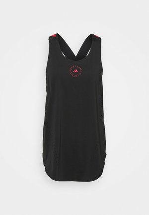 Sort, ærmeløs atletisk tanktop med krydsede stropper og lille lyserødt rundt logo foran i midten.