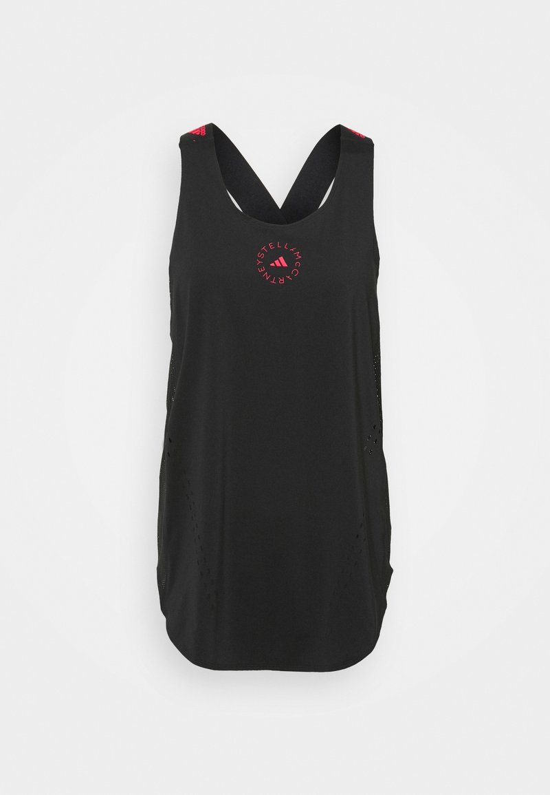 Débardeur sportif noir sans manches avec bretelles croisées et petit logo circulaire rose au centre devant.