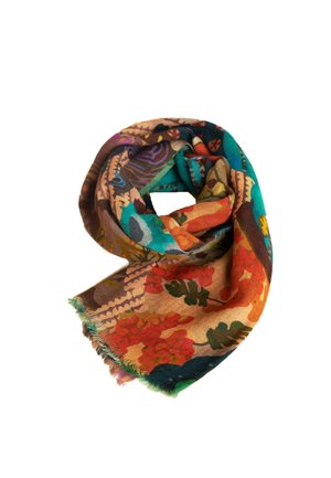 Multicolored floral scarf made of lightweight fabric, featuring intricate patterns in reds, greens, and blues with frayed edges.