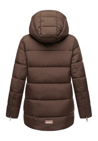 Brown puffer jacket with a hood, featuring a quilted design, horizontal stitching, and a side zipper pocket. Brand logo visible at the bottom.