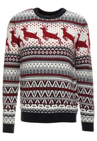 Röd och vit stickad tröja med renar och geometriska mönster, texturerad yta, rund halsringning och ribbade ärmslut.