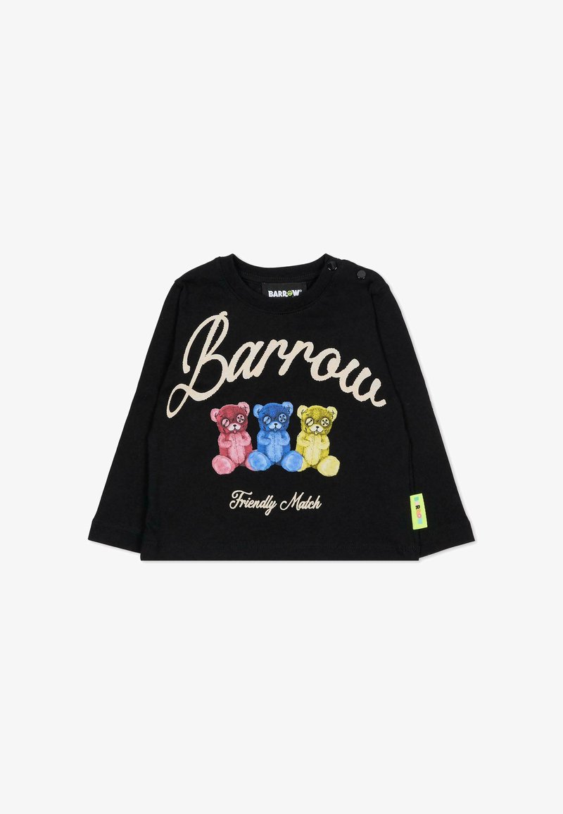 Zwarte long-sleeve shirt met de tekst "Barrow" en drie kleurrijke teddybeer-illustraties (roze, blauw, geel) van een zachte, katoenen textuur.