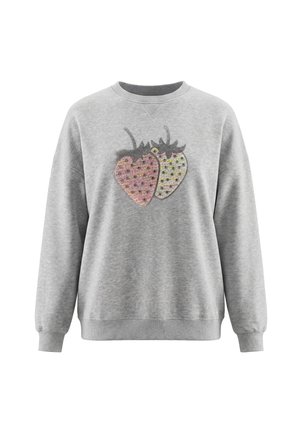 Light gray sweatshirt with long sleeves and ribbed cuffs, featuring two large sequin-covered strawberries in pink and pale yellow on the front.
