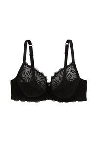 Soutien-gorge en dentelle noire avec des bonnets semi-transparants à motif de feuilles, des bretelles ajustables, un bord festonné et un petit accent métallique au centre.