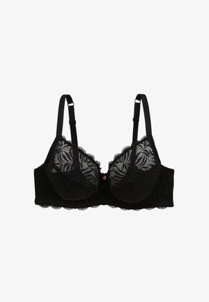 Soutien-gorge en dentelle noire avec des bonnets semi-transparants à motif de feuilles, des bretelles ajustables, un bord festonné et un petit accent métallique au centre.