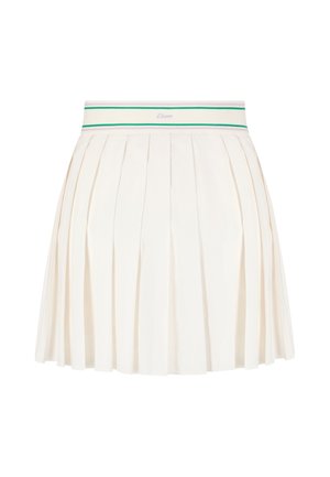 Jupe plissée blanche avec ceinture élastique présentant des rayures vertes et violettes et un détail subtil du nom de la marque.
