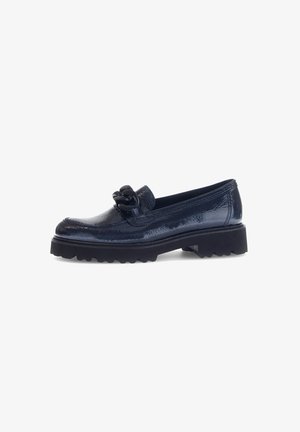 Glossy dark blue loafer with chunky black sole and decorative twisted detail on top, shown in side profile.