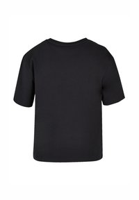 Black short-sleeve T-shirt; round neckline; soft cotton material; relaxed fit; smooth texture; minimal design with no visible patterns or accents.