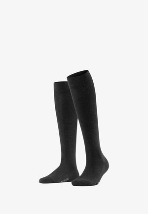 Kniestrümpfe in Dunkelgrau mit glatter Struktur, gerippten Bündchen und verstärkter Zehenpartie. Markenname am unteren Ende sichtbar.