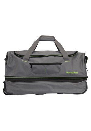 Grijze reistas met groene accenten, duurzame stof, met ritssluitingen, dubbele handvatten en wieltjes voor mobiliteit. Compact en functioneel ontwerp.