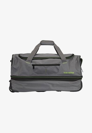 Grau Reisetasche mit grünen Akzenten, strapazierfähigem Stoff, mit Reißverschlüssen, doppelten Griffen und Rollen für Mobilität. Kompaktes und funktionales Design.