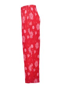 Pantalons à motifs rouges en tissu texturé. Présente des motifs de corail rose et de créatures marines, une taille élastique et une coupe droite.