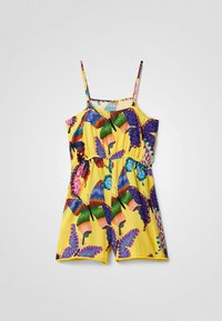 Gelber ärmelloser Jumpsuit mit bunten Blattmustern; verfügt über verstellbare Träger und einen elastischen Bund, abgeschlossen mit einem gewellten Saum.