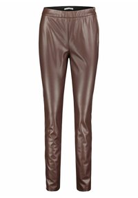 Pantalones de imitación de cuero marrón con un ajuste ceñido, textura suave, cinturilla elástica y detalle de cremallera lateral. Sin patrones ni acentos visibles.