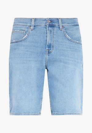Light blue denim shorts with a straight cut, featuring classic five-pocket design, front button closure, and subtle faded texture.