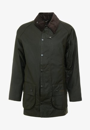 Dark green waterproof jacket with a corduroy collar, snap closures, and two front pockets. Simple design with a straight cut.