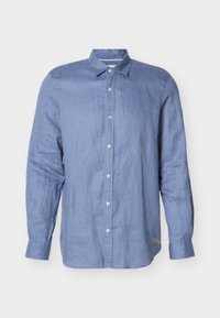 Γαλάζιο πουκάμισο με μακριά μανίκια, κουμπιά και γιακά, παρουσιάζεται σε απλό λευκό φόντο.