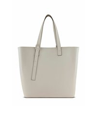 Borsa a tracolla grigia chiara realizzata in pelle liscia, con due manici piatti e un design rettangolare spazioso, caratterizzata da una cucitura minimale e senza decorazioni.