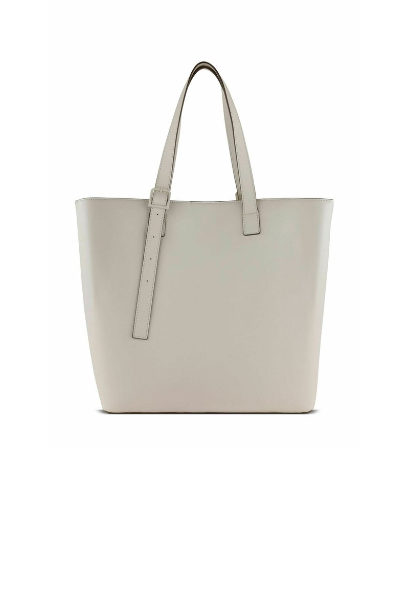 Borsa a tracolla grigia chiara realizzata in pelle liscia, con due manici piatti e un design rettangolare spazioso, caratterizzata da una cucitura minimale e senza decorazioni.