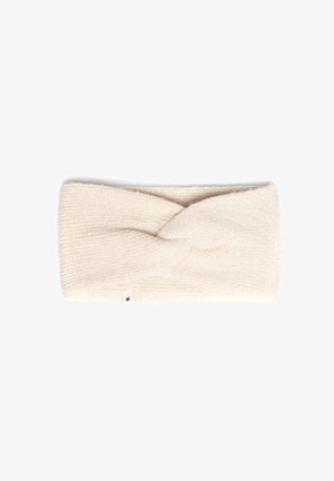 Kremo spalvos megztas galvos juostas su susukta priekyje dizainu ir maža etikete su žvaigždės simboliu.