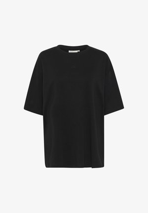 Fekete pamut t-shirt laza szabással, kerek nyakkal, rövid ujjakkal és egy diszkrét hímzett logóval a mellrészen.