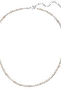 Ogrlica od perlica s malim, svijetloružičastim kamenčićima i srebrnim detaljima, s kopčom na klik. Prilagodljive dužine uz pomoć produžetka od lanca.