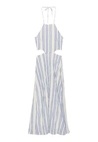 White dress with blue vertical stripes, featuring a cropped top with spaghetti straps, open midsection, and a flowy skirt.