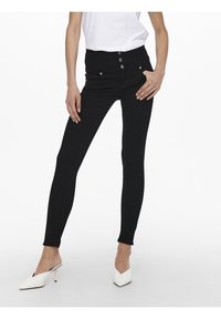 Jeans skinnies negros de cintura alta, con cierre de múltiples botones y bolsillos frontales. Textura suave, diseño ajustado, adecuado para diversos conjuntos.