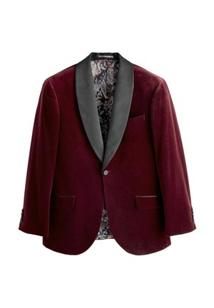 Bordeaux Samtblazer mit einem schwarzen satinartigen Schalkragen, gemusterter Fütterung und zwei vorderen Taschen. Verfügt über eine doppelte Knopfleiste.