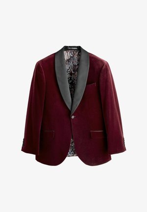 Bordeaux Samtblazer mit einem schwarzen satinartigen Schalkragen, gemusterter Fütterung und zwei vorderen Taschen. Verfügt über eine doppelte Knopfleiste.