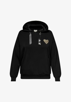 Černá mikina s kapucí se saténovými šňůrkami a malým srdcem s leopardím potiskem na horní levé straně hrudi, s žebrovanými manžetami a lemem.