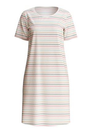 Striped short-sleeve dress in light fabric, featuring horizontal stripes in pink, mint green, beige, and gray, with a round neckline.