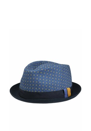 Blue patterned fedora with a navy brim, a black hatband, and blue and yellow accent ribbons on the side, shown against a white background.